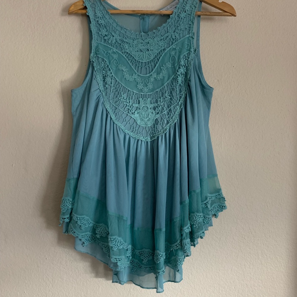 Boho crochet teal blouse